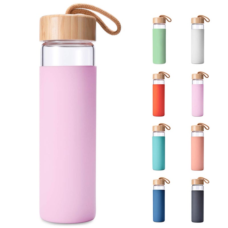Yomious 20 Oz Borosilicate Glass Water Bottles with Silicone Sleeve BPA Free, Dishwasher Safe - Reusable Clear Glass Drinking with Leak Proof Bamboo Lid | Perfect Gym Water Bottles for Men & Women - Image 1